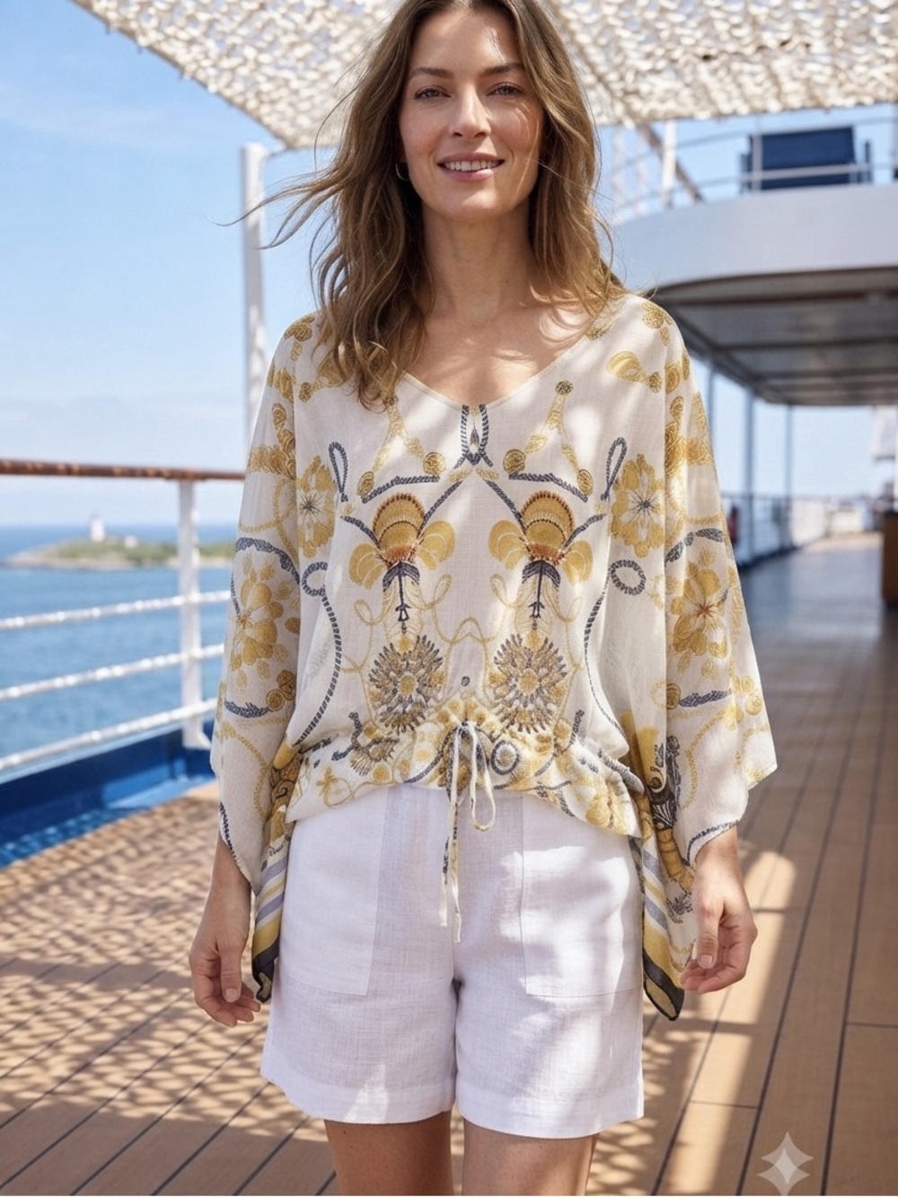 CAbi Sheer Flowy Nautical Chain-Print Blouse in White, Yellow and Blue